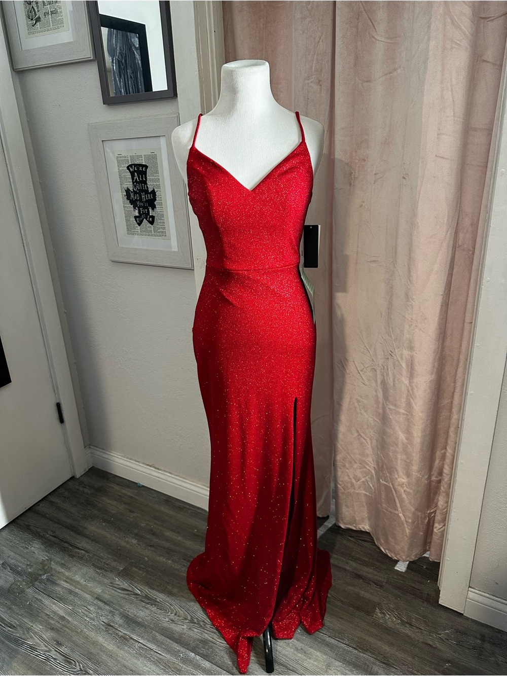 City Triangles Red Glitter Spaghetti-Strap Prom Gown